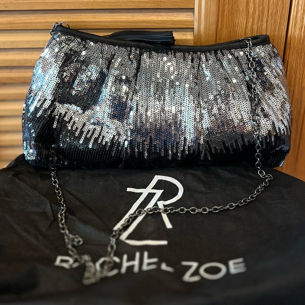Rachel Zoe Black/Silver Sequin Clutch with Chain NWOT💎 - Picture 11 of 11